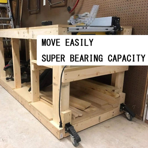 Heavy Duty Workbench Caster Kit Set Of Four Featuring Retractable Step Down Wheels Built Like A Tank To Handle 300 Kilogram Weight on a wooden workbench.