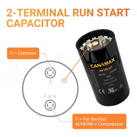 Beefy 88 To 108uF 330V Round Motor Start Capacitor For AC Motors, diagram showing 2-terminal configuration with labels