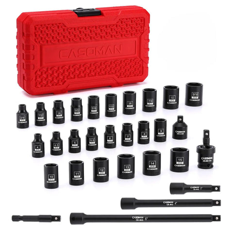 30 Piece One Quarter Inch Drive Magnetic Shallow Impact Socket Set with Pro-Grade 6-Point CR-MO Steel in case, SAE and Metric