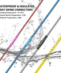 Colored waterproof and insulated heat shrink connectors with temperature specifications and water splash background.