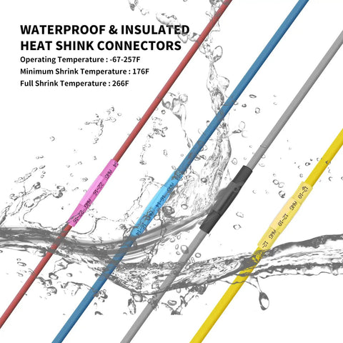 Colored waterproof and insulated heat shrink connectors with temperature specifications and water splash background.