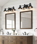 Lit 3 Light Vanity Bath Fixture Over Mirror In Matte Black Modern Farmhouse Rustic Industrial Wall Mount Sconce above dual sinks