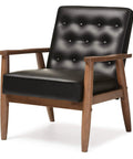 Mid Century Lounge Chair With Wood Frame In Dark Walnut Finish, Button Tufted Cushions With Piping, Removable Cushions And Seat Stoppers