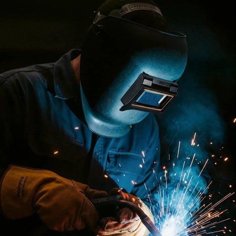Welder using helmet with 2 Pack Flip Front Adapters For Welding Helmets And Grinding Hoods Black Clip On Flip Front Upgrade Kit.