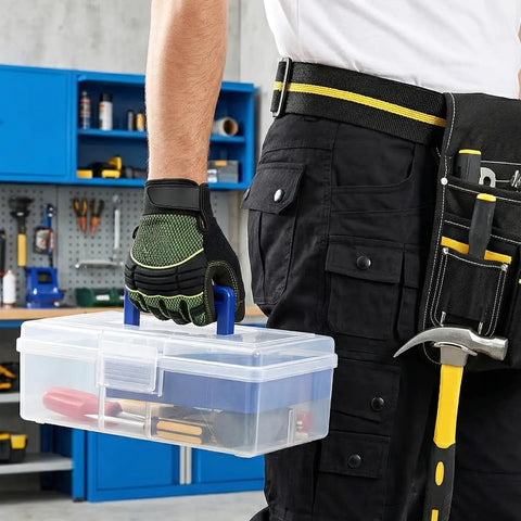 Person holding Two Pack Small Plastic Tool Box With Handle 2 Layer Clear Organizer With Removable Divider in workshop