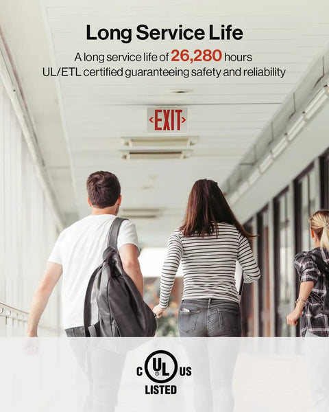 Six Pack Red LED Exit Signs Double Sided With 90 Minute Battery Backup For Emergency Exits High Visibility 6 Inch Letters Visible From 100 Feet With Arrow Knockouts And Durable Acrylic Faces For Long Term Hallway Safety. Red EXIT sign above hallway with UL listed label