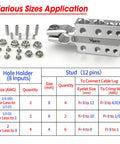 Heavy Duty 20-Way Lead Acid Battery Post Terminal Ends Distribution Block Bus Bar for Tapered Top SAE DIN EN Posts, Accepts 8 AWG Up to 4/0 XL Wire Gauge, Multi Size Connectors, Ideal for AGM Gel Wet MF Batteries and Pro Grade Car Electrical Upgrades. silver battery terminal block with studs, screws, and size chart
