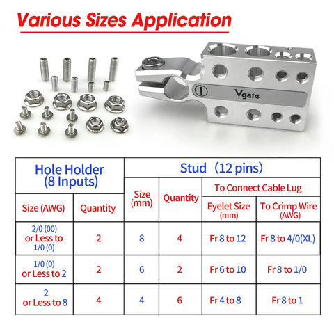 Heavy Duty 20-Way Lead Acid Battery Post Terminal Ends Distribution Block Bus Bar for Tapered Top SAE DIN EN Posts, Accepts 8 AWG Up to 4/0 XL Wire Gauge, Multi Size Connectors, Ideal for AGM Gel Wet MF Batteries and Pro Grade Car Electrical Upgrades. silver battery terminal block with studs, screws, and size chart