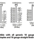 Detailed chart showing sizes and specifications for 16 gauge finish nails and 18 gauge brad staples for Straight Shooting Pneumatic 3 In 1 Nailer And Stapler Combining 16 Gauge Finish Nails With 18 Gauge Brad Staples For Cabinet Install Furniture Fix Crown Molding And Craft Tasks You Dig.