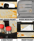 Insulated Picnic Backpack With Large Lunch Box for Women and Men showing pockets for phone, cutlery, bottles, and documents.