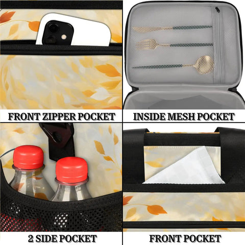 Insulated Picnic Backpack With Large Lunch Box for Women and Men showing pockets for phone, cutlery, bottles, and documents.