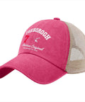 Dope Outdoor Trucker Hat For Men With Vintage Style, rose red cap with mesh back and white embroidery on front.
