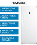 Straight Up Spacious 14 Cubic Foot Upright Fridge And Freezer Combo With Auto Defrost, Garage Ready Coolers, showing features like Energy Star certification.