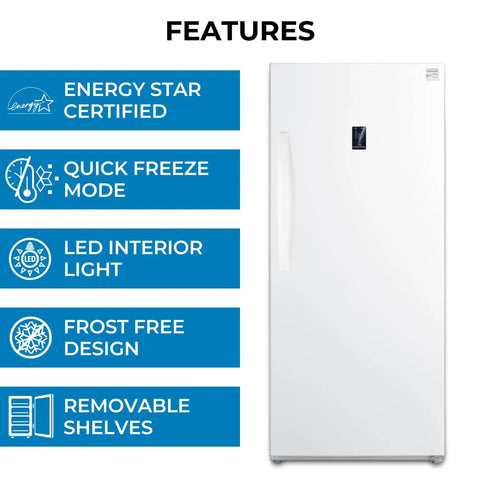 Straight Up Spacious 14 Cubic Foot Upright Fridge And Freezer Combo With Auto Defrost, Garage Ready Coolers, showing features like Energy Star certification.