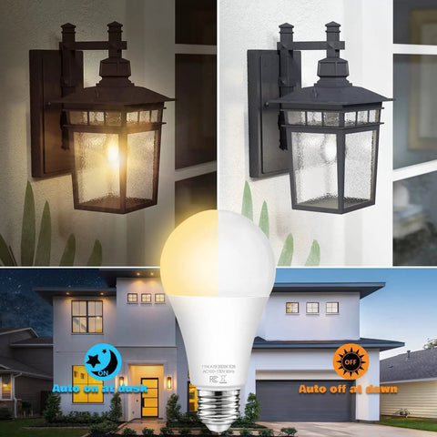Image showing Dusk To Dawn Outdoor Sensor Light Bulbs No Fuss Auto On Off 11W LED 100W Equivalent Warm White 3000K 4 Pack 1200 Lumens E26 Base Photocell Porch Garage Security Lights illuminating a porch lantern at night and off during day below a modern house.