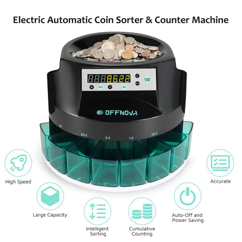 Boss Level Electric Coin Sorter And Change Counter With Huge Led Display, grinds through US coins efficiently with digital screen.