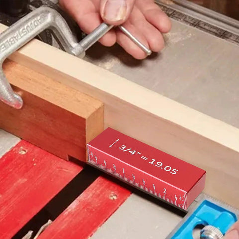 Pro Grade Setup Blocks Height Gauge Set For Router And Table Saw Seventeen Piece Aluminum Height Master in use on table saw.