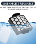 Odor Neutralizer Cartridge And Replacement Filter For Rotator Pet Upright Vacuum ZU102 And ZU100 shown as washable and reusable.