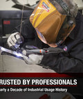 Welder wearing helmet using welding tool on metal surface in workshop, emphasized by text about industrial usage history