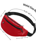 Waterproof Fanny Pack For Women And Men Crossbody Waist Bag With Zipper Adjustable Strap Perfect For Running Hiking Travel Outdoor Workouts Belt Pack For Active Lifestyles, red color, showing dimensions.