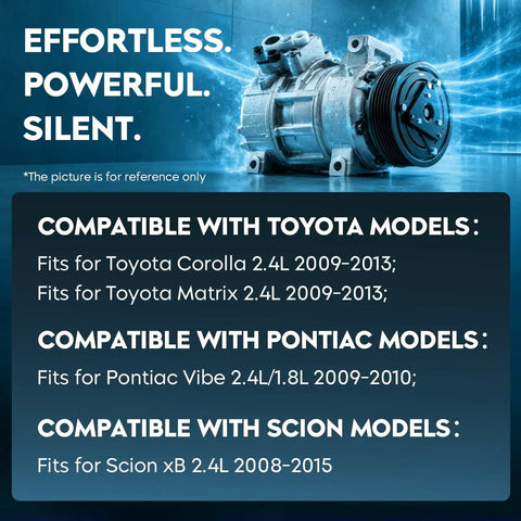 Heavy AC Compressor With Clutch For Toyota Corolla Matrix Scion Xb Pontiac Vibe 2.4L Oem Direct Swap side angle view with cooling effect.