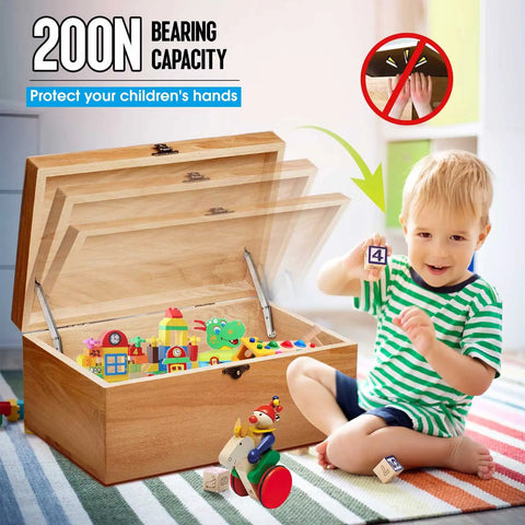 Child playing with toy box supported by Heavy Duty Toy Box Hinges With Soft Close And 200N Gas Struts in living room