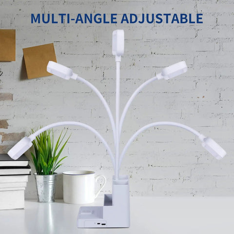 Rechargeable LED Desk Lamp With Pen And Phone Holder Flexible Gooseneck in multiple positions on white desk