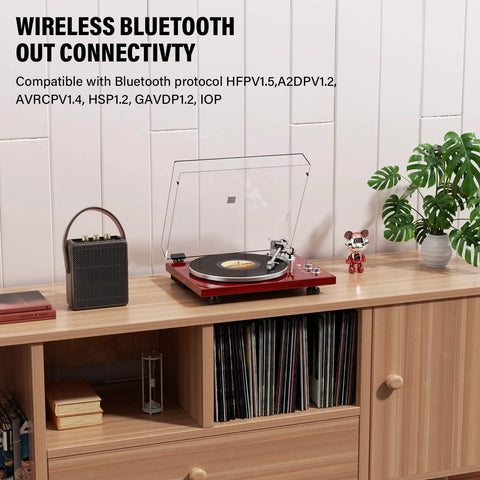 Cool Red Belt Drive Turntable For Vinyl Records With Bluetooth Output Connection Compatible With Active Speakers and Wireless Headphones stylishly placed on a wooden shelf.