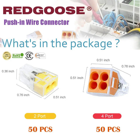 Push In Wire Connector 100 Pack 20 12 AWG Wire Nuts Splice Terminals 2 Port 50 Pcs And 4 Port 50 Pcs Insulated Fire Retardant Copper