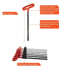 Eight Piece Nine Inch T Handle Hex Key Set From Two Millimeter To Ten Millimeter With PVC Dipped Grips arranged in storage holder
