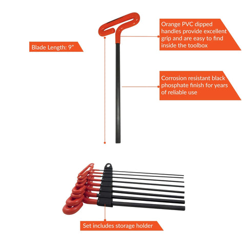 Eight Piece Nine Inch T Handle Hex Key Set From Two Millimeter To Ten Millimeter With PVC Dipped Grips arranged in storage holder