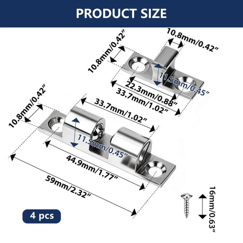 Solid Brass Adjustable Tension Double Roller Cabinet Catch 60mm Heavy Duty Latch Hardware for Closet Cupboard Wardrobe French Doors Silver Finish Four Pack, product size diagram with dimensions and screws
