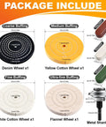Package contents of Pro Grade 4 Inch Metal Buffing And Polishing Kit For Drill with denim, cotton, flannel wheels and compounds.