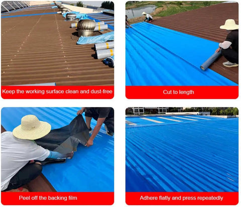 Installation steps for Heavy Duty Self Adhesive Asphalt Roofing Tape With Thick Aluminum Foil on a flat roof.