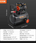 Ultra Quiet 4.8 Gallon Oil-Free Air Compressor displayed with specifications and dimensions against a dark background.