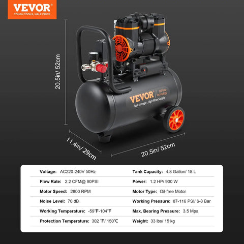 Ultra Quiet 4.8 Gallon Oil-Free Air Compressor displayed with specifications and dimensions against a dark background.