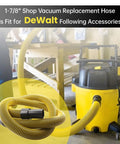 Direct Replacement Wet Dry Vacuum Hose 1 7 Eighth Inch By 7 Foot For DeWalt Systems attached to vacuum in workshop