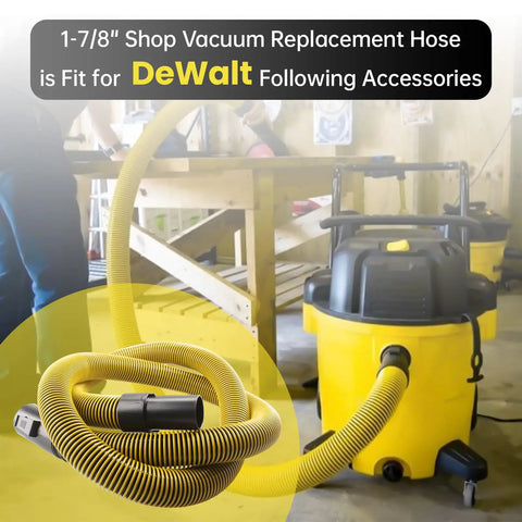 Direct Replacement Wet Dry Vacuum Hose 1 7 Eighth Inch By 7 Foot For DeWalt Systems attached to vacuum in workshop