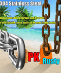 Comparison of 304 stainless steel chain and rusty chain on beach background