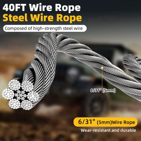 Lonsge 1000 Lb Portable Battery Winch With 40 Ft Steel Cable compatible with De Walt Power Tools, detailed view of 40ft steel wire rope.
