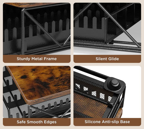 Close-up details of Vertuo Pod Holder And Organizer For Nespresso VertuoLine Rustic Brown Wood Top with mesh shelves and slide drawer.