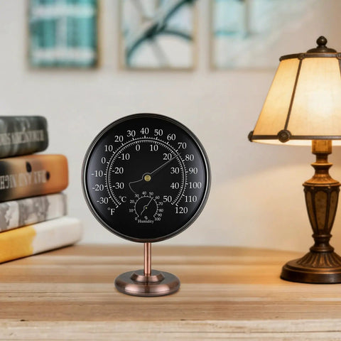 Vintage Brass Indoor Outdoor Thermometer And Humidity Gauge 2 In 1 Weather Station with removable stand on desk