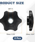 2 Pack Black Star Clamping Knob 5/8-11 Thread Fluted Grip Screw For Shop Jigs And Woodworking shown from top and side, measuring 70mm and 23mm.