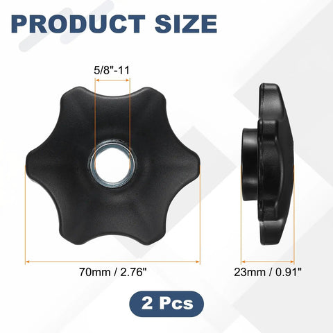 2 Pack Black Star Clamping Knob 5/8-11 Thread Fluted Grip Screw For Shop Jigs And Woodworking shown from top and side, measuring 70mm and 23mm.