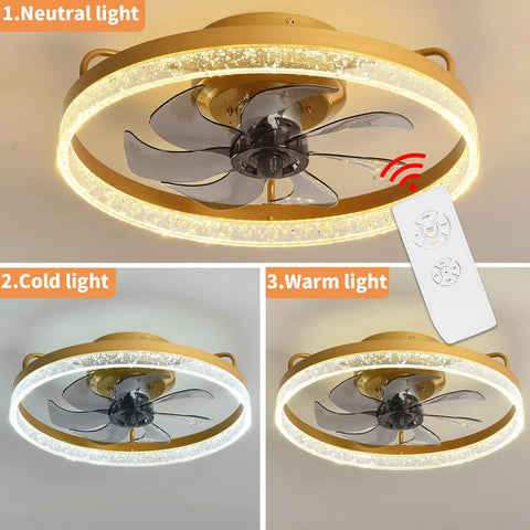 Gold Modern Ceiling Fan With Light 20 Inch High Light Transmittance Quiet Safe Motor Flush Mount Light Fixture With Remote
