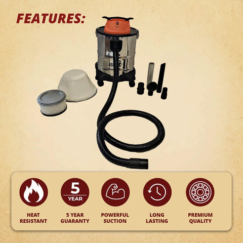 Ash Vault Pro 10 Amp Ash Vacuum, 5 Gallon Stainless Canister, Dual HEPA Filtration, Heat Resistant Hose, Steel Tank, Heavy Duty Cleanup