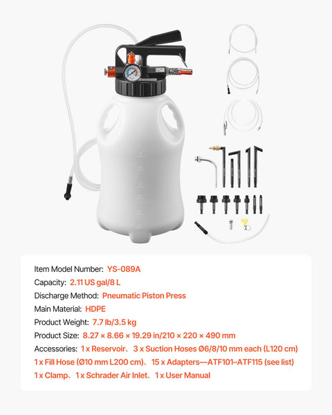 Pneumatic Transmission Fluid Pump 8 L Oil Fluid Extractor And ATF Refill Dispenser With 15 Adapters, HDPE Tank, Hoses Shown