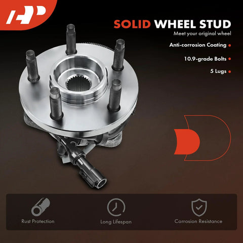Front Wheel Bearing And Hub Assembly With ABS For 4WD Ford Ranger 2000 2001 2002 And Mazda B3000 2001 2002 B4000 2000 2002 5 Lug Compatible Direct Fit Replacement With High Load Capacity Roller Bearing For Smooth Operation And Long Life, showing solid wheel stud and anti-corrosion coating.