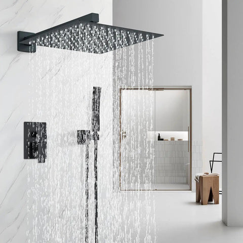 Matte Black Shower System With 12 Inch Rain Shower Head And Handheld Spray Brass Valves Wall Mounted Bath Faucet
