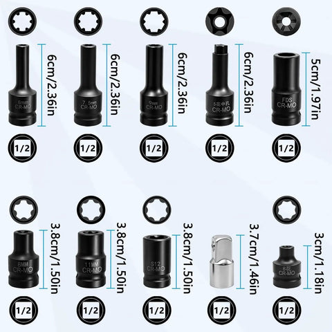 Solid As A Rock Half Inch Drive EV Hybrid Socket Kit For Tesla And Mainstream Electric Cars With Battery Disassembly Tools AC Compressor Wrenches Pro Chrome Gear Ready To Roll, showing ten chrome vanadium sockets and sizes.